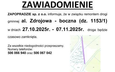 Al. Zdrojowa w Muszynie utrudnienia w ruchu od 27.10.2025 r. do 07.11.2025 r.
